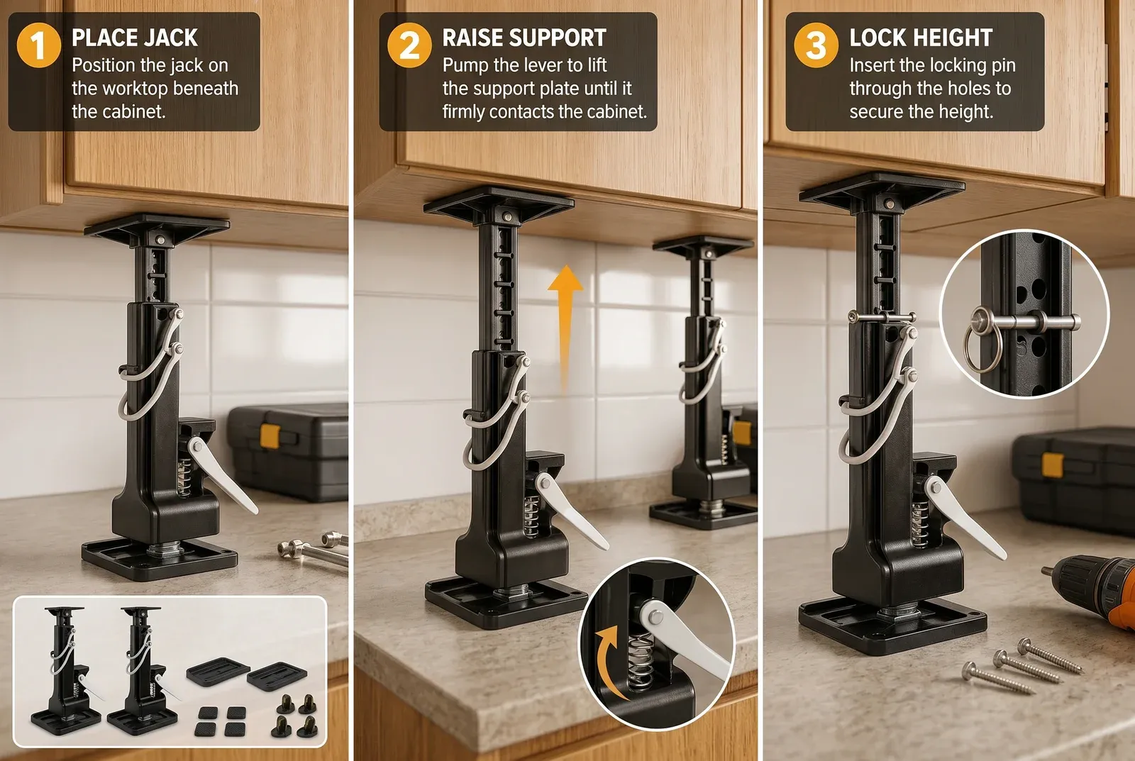 How to Raise a Cabinet with the Lifting Jack